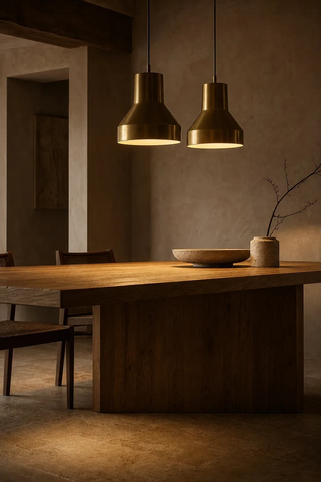 Warm brass and black pendant lights lit low over an oak dining table — Pendants & Chandeliers by REO